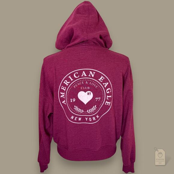 American Eagle Peace & Love Club Zip Hoodie Maroon Relaxed Fit - Picture 5 of 9